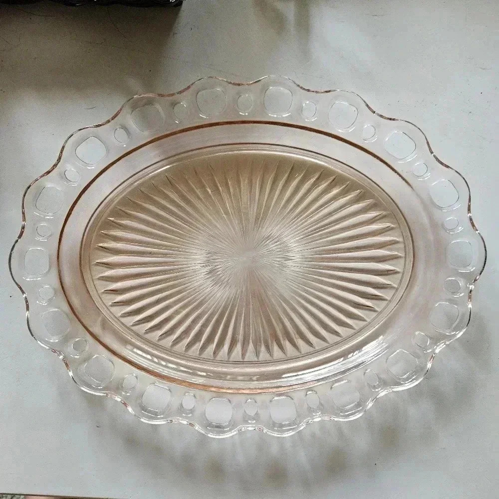 Pink Depression Glass Oval Platter Tray with Detailed Edge
